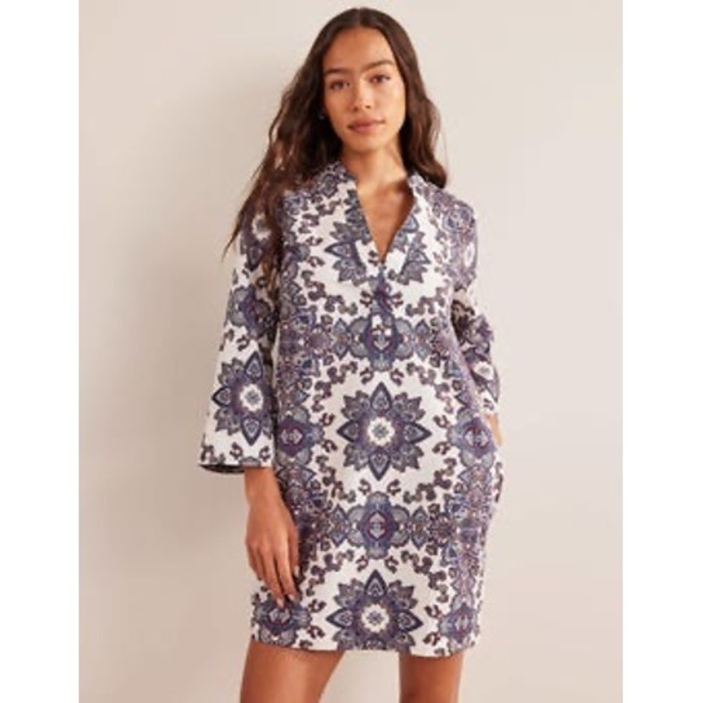 Boden Notch Neck Mini Shift Dress Size 8 Paisley 3/4 Sleeve